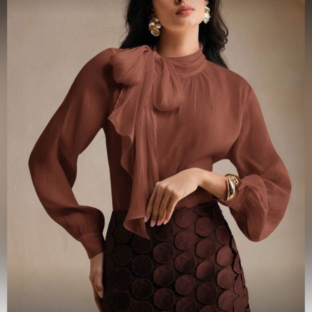 Elegant Brown Tie Neck Women's Top
